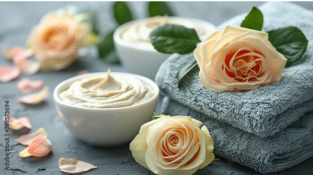 A serene spa setting featuring a pile of towels, bowls of cream, and fresh roses, creating a sense of luxury and relaxation