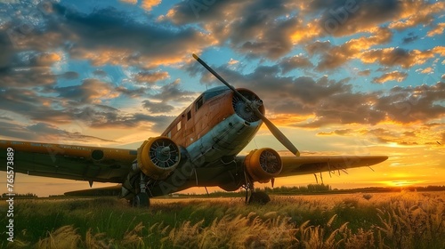 photos of an old airplane on green grass and sunset background © Lucky Ai