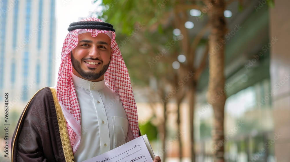 Fototapeta premium Young and happy Arab man in traditional dress holding documents, posing in a city environment with subtle greenery