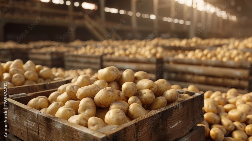 Potato crates bathed in the warm glow of sunlight filtering through a warehouse, creating a mood of growth and abundance Potato crates bathed in the warm glow of sunlight filtering through a warehouse, creating a mood of growth and abundance