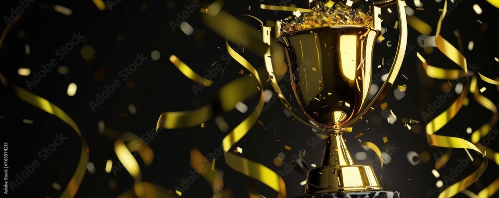 A golden trophy cup being enveloped by a shower of confetti, signifying a celebration of victory
