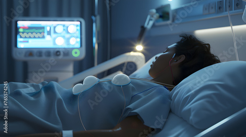 Patient resting in a hospital bed  wearing a heart monitor with three white circular sensors.