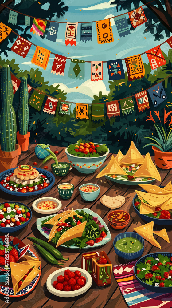 Picnic on Cinco de Mayo with traditional Mexican dishes, a decorated table, and Mexican flags in the park