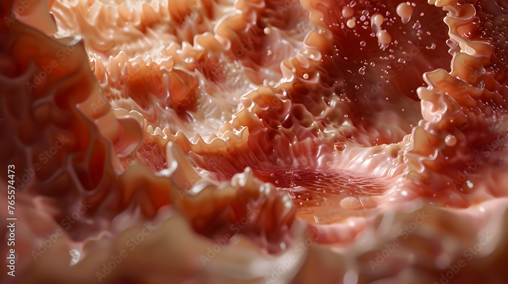 Inside the human stomach, showing the rippling texture of the stomach lining, bathed in a warm, reddish glow. The scene captures the motion of gastric fluids and partially digested food. - obrazy, fototapety, plakaty 