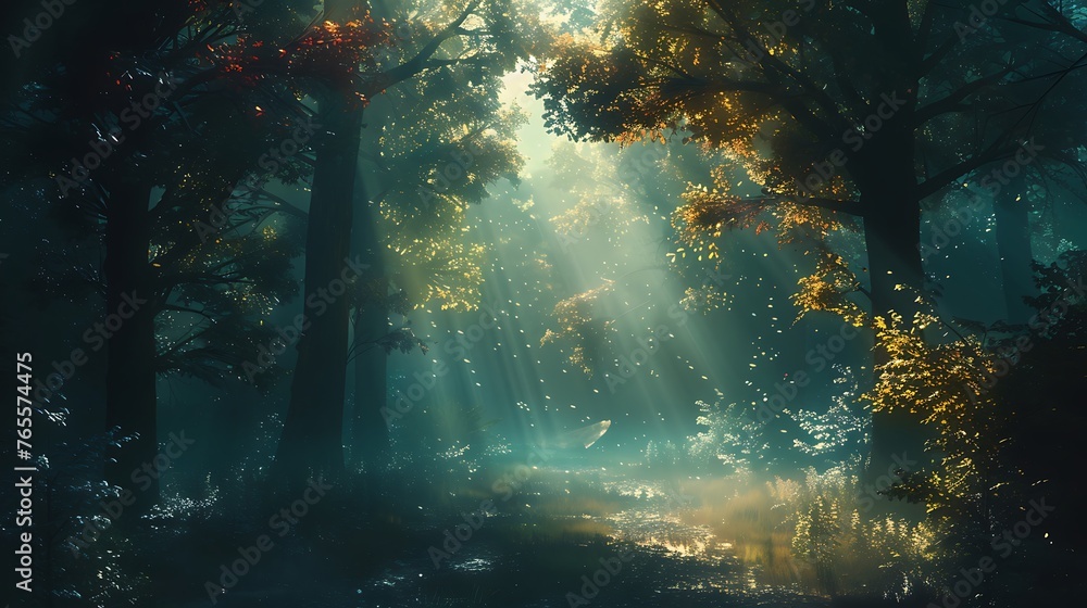 Mystical forest landscape capturing the beauty and magic of nature with a digital art style. Generative Ai