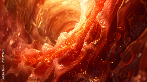 Inside the human stomach, showing the rippling texture of the stomach lining, bathed in a warm, reddish glow. The scene captures the motion of gastric fluids and partially digested food. photo