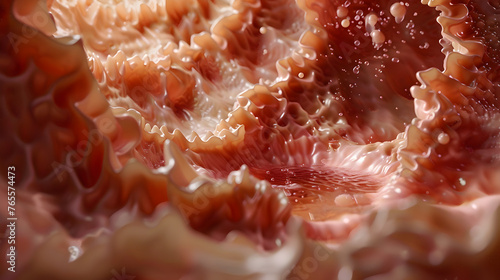 Inside the human stomach, showing the rippling texture of the stomach lining, bathed in a warm, reddish glow. The scene captures the motion of gastric fluids and partially digested food.
