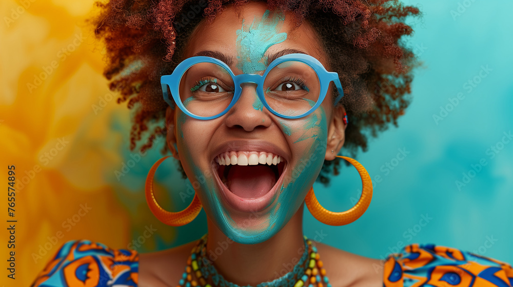 Joyful Woman with Painted Face and Blue Glasses Joyful Woman with Painted Face and Blue Glasses