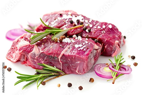  Raw Fresh Meat Beef Steak, Seasonings With Salt, Pepper, Rosemary Leaves And Red Onion, on white background