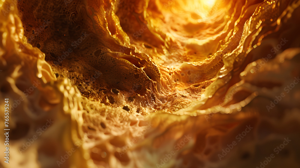 Inside a human stomach, showcasing the rippling mucosa and gastric folds. The scene is illuminated by a soft, internal glow, highlighting the textures and movements of digestion.