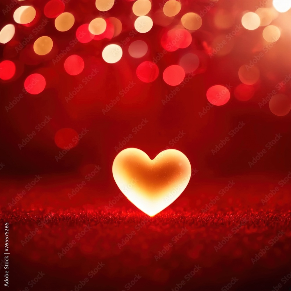Red soft heart shape, glowing lights bokeh backdrop background
