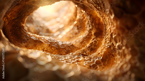 Inside a human stomach, showcasing the rippling mucosa and gastric folds. The scene is illuminated by a soft, internal glow, highlighting the textures and movements of digestion. photo