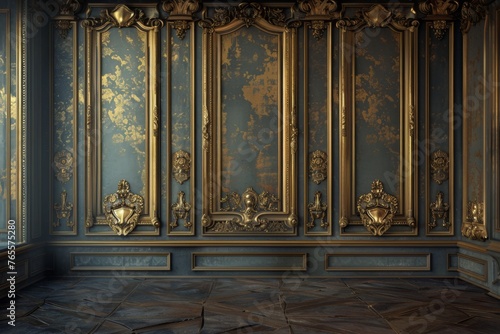 Luxurious classical blue and gold baroque wall paneling, concept of opulent interior design and grandeur