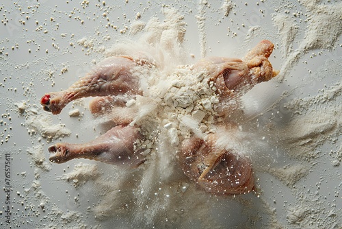 View of chicken thigh flour splatter