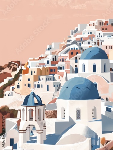 A painting depicting a city with white buildings and blue domes under a clear blue sky
