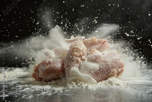 View of chicken thigh flour splatter 