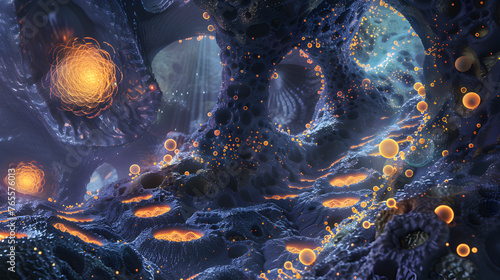 Interpretation of the stomach's interior as a mystical cavern, where digestive enzymes are visualized as glowing orbs and gastric acid flows like lava.
