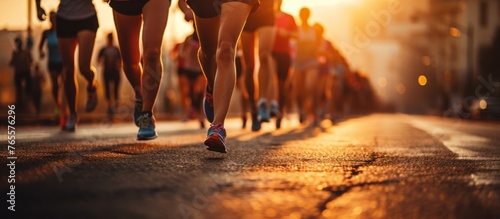 close up legs runner group running on road in sunset