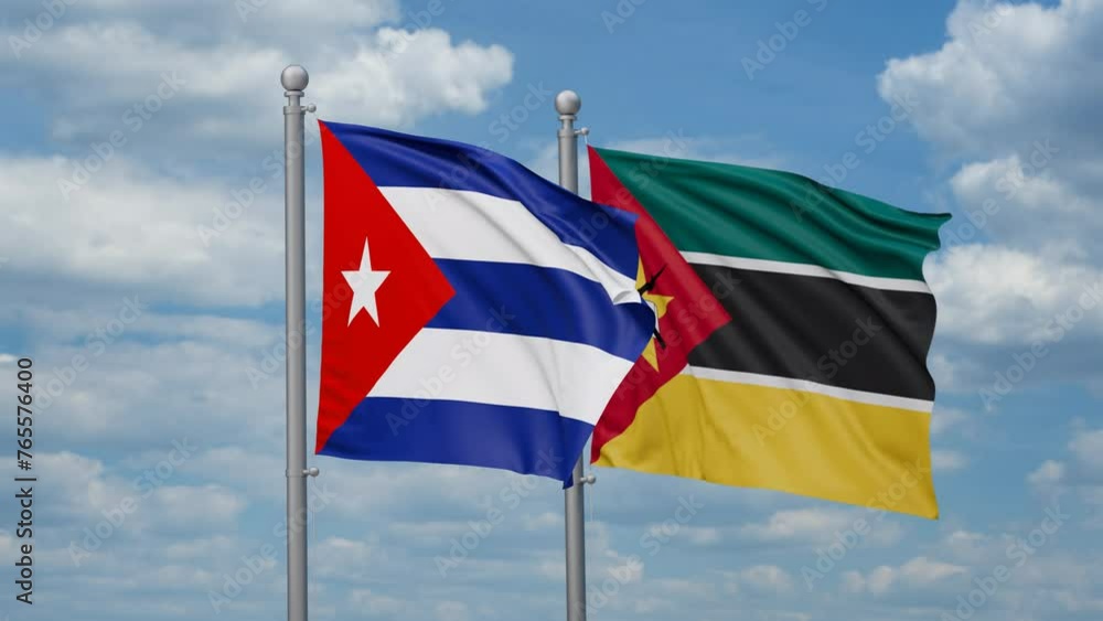 Mozambique and Cuba two flags waving together, looped video, two country cooperation concept Mozambique and Cuba two flags waving together, looped video, two country cooperation concept