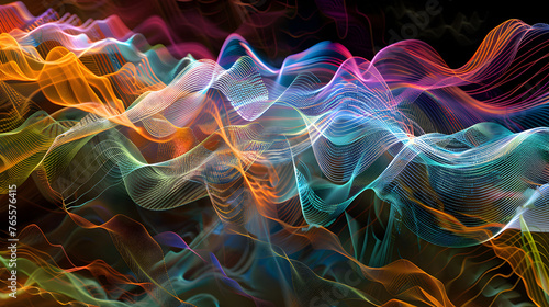 Abstract background featuring waveforms and digital graphs representing sound frequencies used in hearing tests.