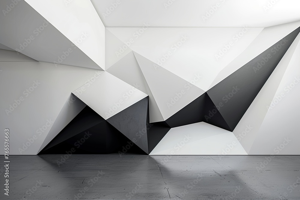 Schatten und Licht: Schwarz-weiße Wand auf schwarzem Boden - obrazy, fototapety, plakaty 