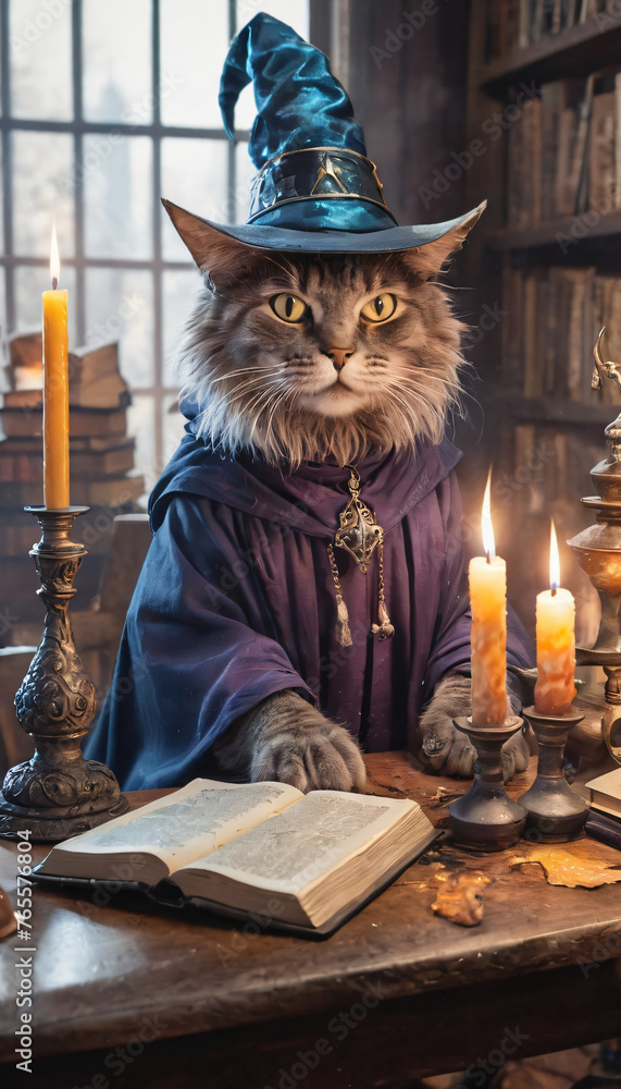 A fluffy gray magical cat in a wizard's hat sits at a table among magical paraphernalia with books and candles