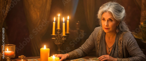 An old gray-haired woman witch sits at a table and reads fortunes using tarot cards.