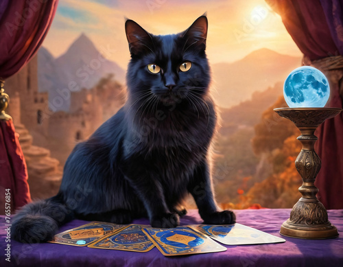 A black magical cat sits on a table among magical paraphernalia and reads fortunes using tarot cards.