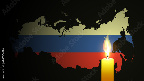 Vector mournful burning wax candle on the background of a dark map of Russian Federation. Wallpaper or poster