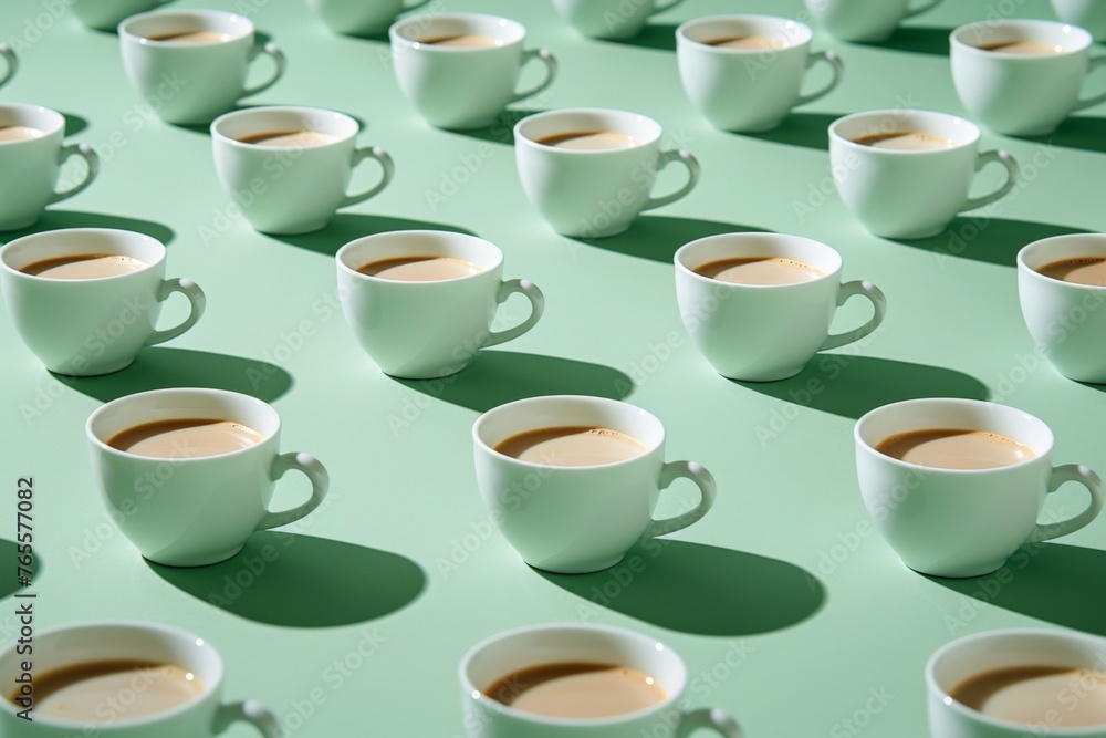 Pattern of Coffee Cups Arranged on Green Surface with Central Cup in Focus Pattern of Coffee Cups Arranged on Green Surface with Central Cup in Focus