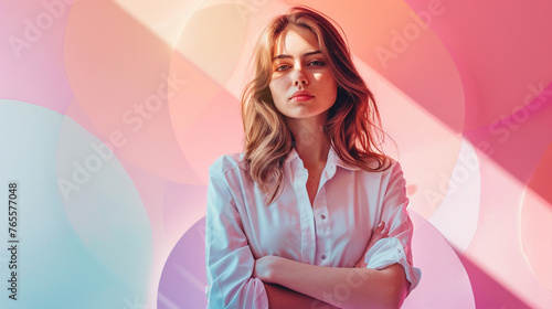 Portrait of beautiful young woman with crossed arms looking at camera on colorful background.  Generate Ai © Demar