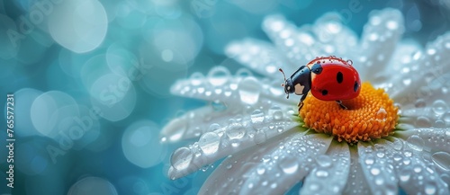 Beautiful ladybug resting on a daisy flower covered with delicate water droplets in a garden setting