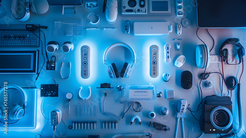 View of an audiologist's workspace, featuring an array of hearing test equipment, from bone conduction headphones to air conduction earphones.