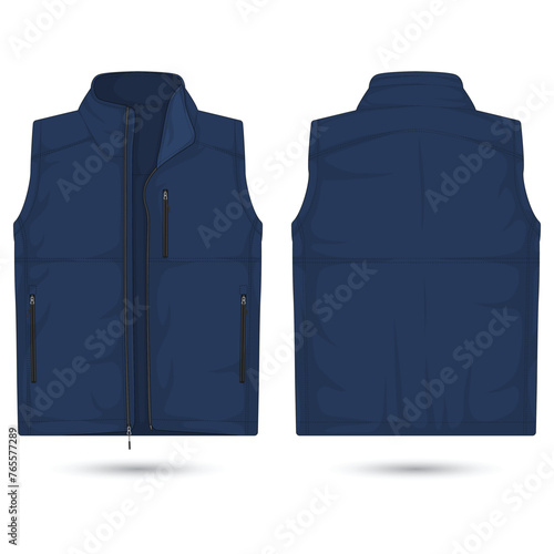 Modern blue vest mockup front and back view, vector illustration