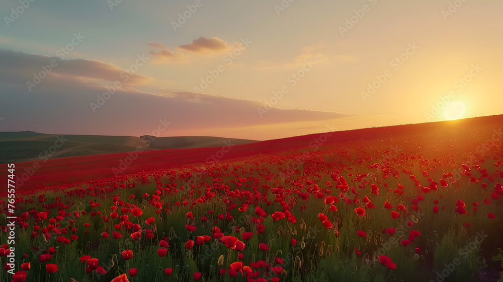 Beautiful field of red poppies in sunset light