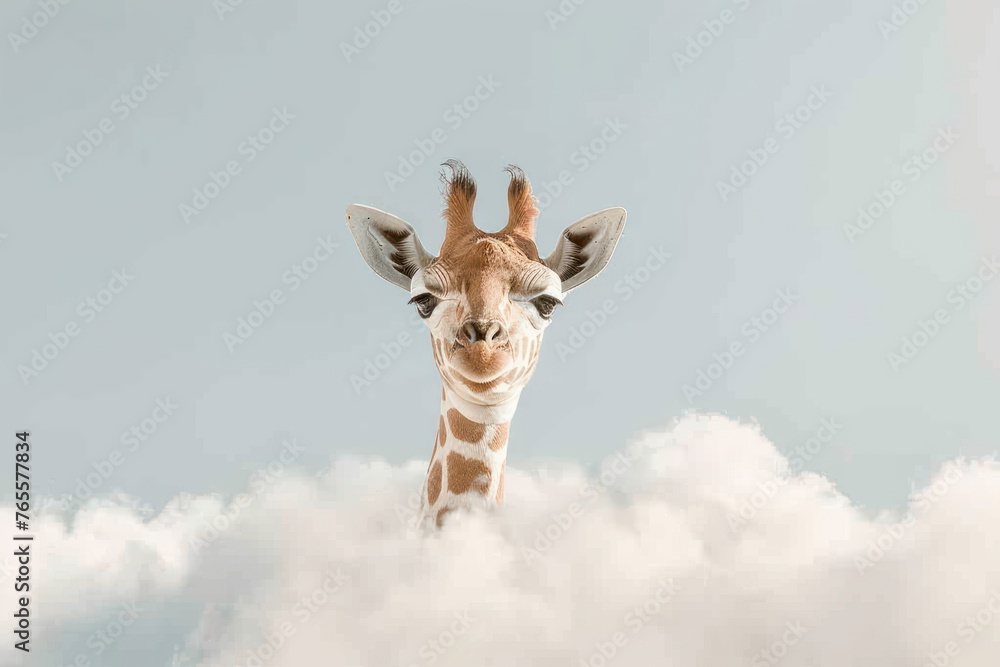 a baby giraffe standing in the middle of a cloud of white fluffy, with a blue sky in the background a baby giraffe standing in the middle of a cloud of white fluffy, with a blue sky in the background