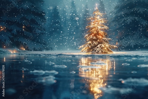  Snow Covered Christmas Tree that stands out brightly against the dark blue tones of this frozen lake .