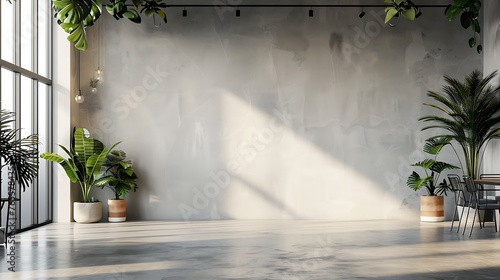 Photo front view on blank light grey wall with place for your logo or text in spacious industrial style coworking office with concrete floor cozy workspaces. Generative Ai