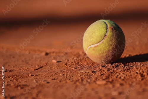 a tennis ball on a red sand tennis court - closeup © Igor
