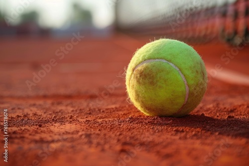 a tennis ball on a red sand tennis court - closeup © Igor