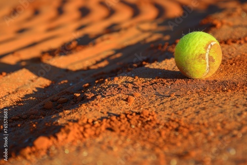 a tennis ball on a red sand tennis court - closeup