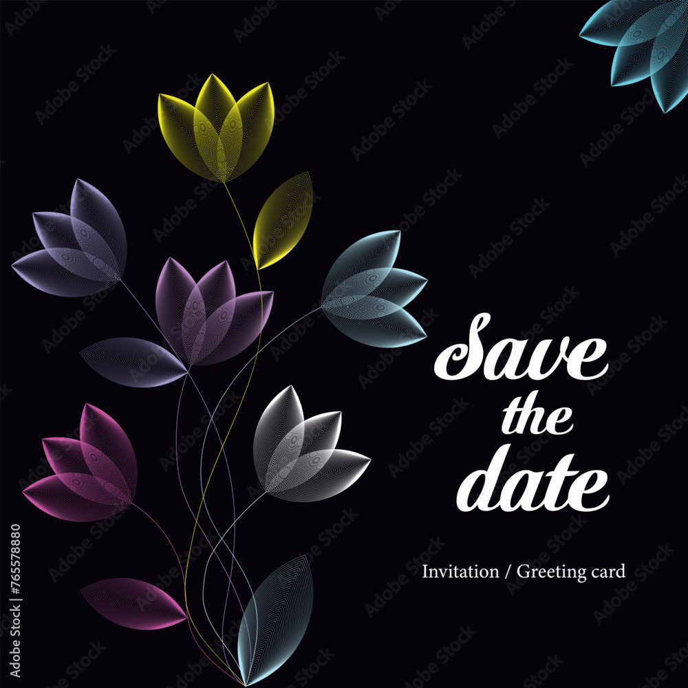 Colorful neon decorative floral greeting card template or invitation design background. Save the date card.
