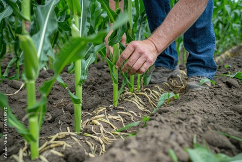 Agronomist analyzes the crop and examines the corn roots