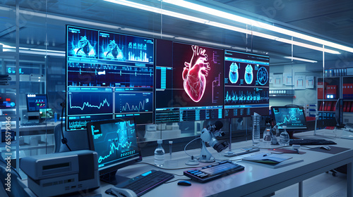 High-tech medical research lab focused on cardiac health, with screens displaying irregular heartbeat patterns and real-time data analytics.