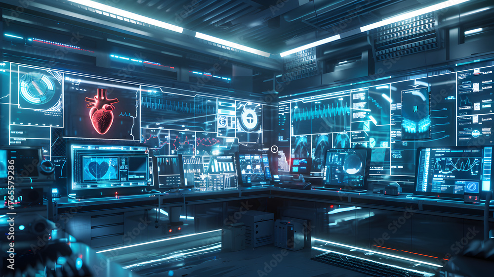 High-tech medical research lab focused on cardiac health, with screens displaying irregular heartbeat patterns and real-time data analytics. High-tech medical research lab focused on cardiac health, with screens displaying irregular heartbeat patterns and real-time data analytics.