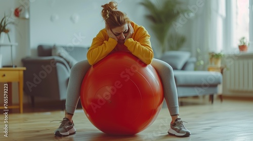 Workout Frustration at Home, woman in a moment of distress while exercising at home, her head resting on a fitness ball, embodying the struggle with personal goals