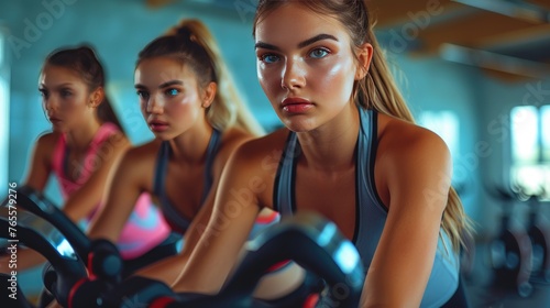  Focused Fitness Session, Three determined women in sportswear pedal on stationary bikes in a gym, showcasing their commitment to health and fitness