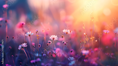 Beautiful field of daisy flowers in sunset light © ZayNyi