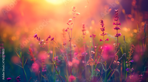 Beautiful field of purple flowers in sunset light © ZayNyi