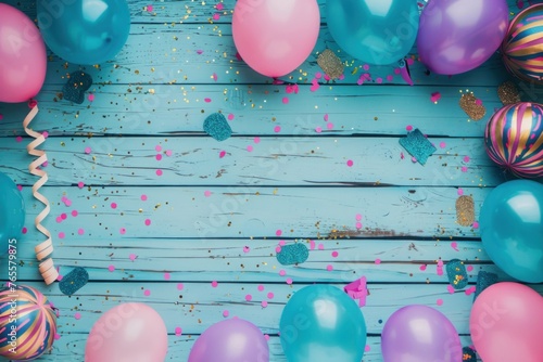 Bright colorful carnival or party frame of balloons, streamers and confetti on a wooden background, copy space.